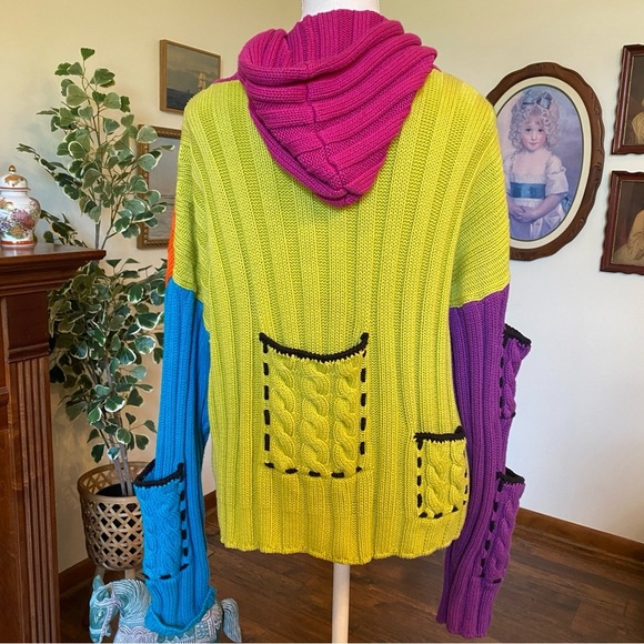 Lisa Nichols • Vintage 80s Neon Colorblock Knit Hoodie Sweater Size M - Picture 4 of 5
